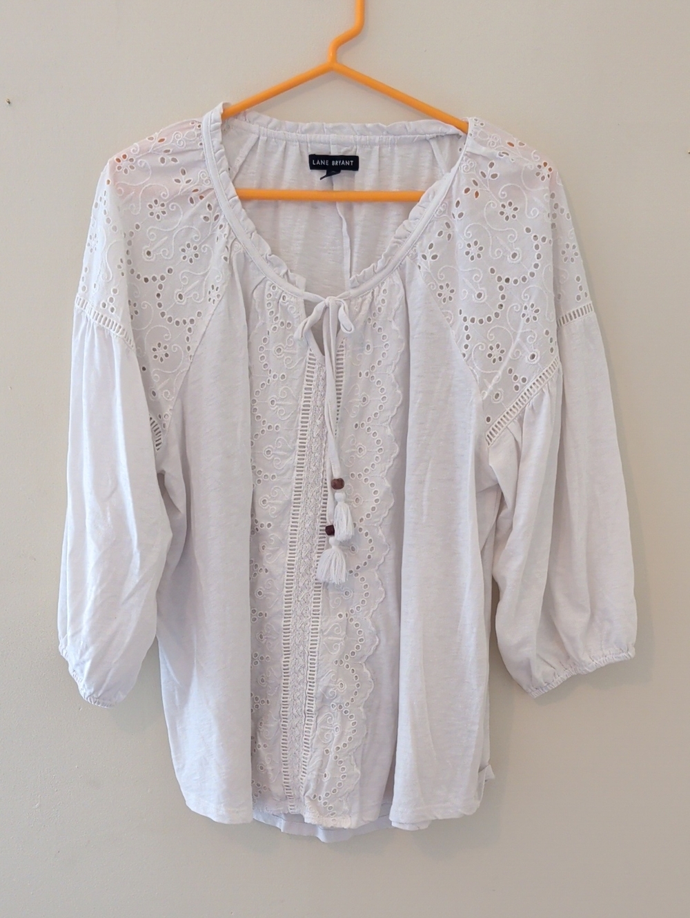 Lane Bryant White Eyelet Tassel Peasant Blouse